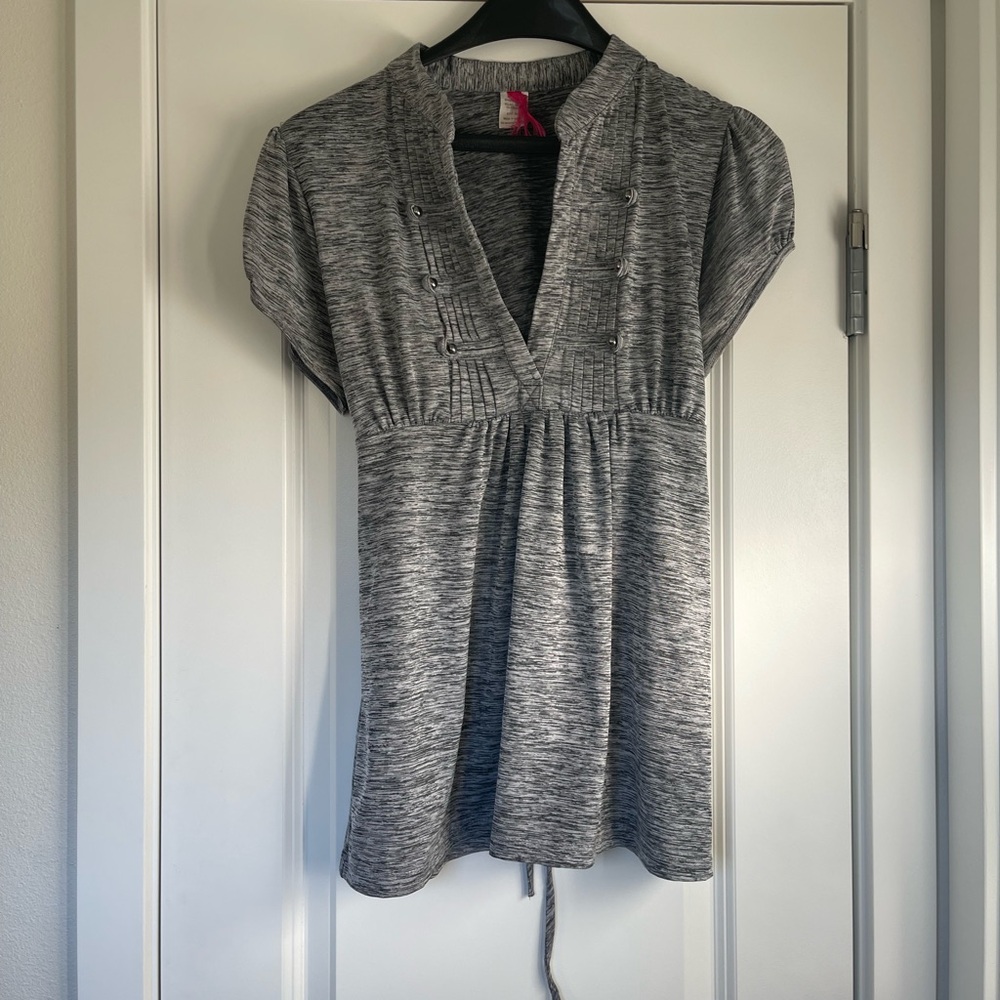 Grey v-neck sexy and soft office blouse with cinching bow